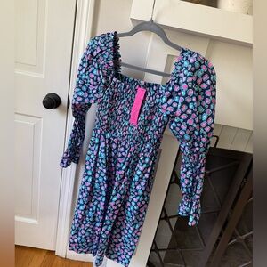 Woman’s Lily Pulitzer Navy Blue pink leopard Smocked Dress with Puff Sleeves
